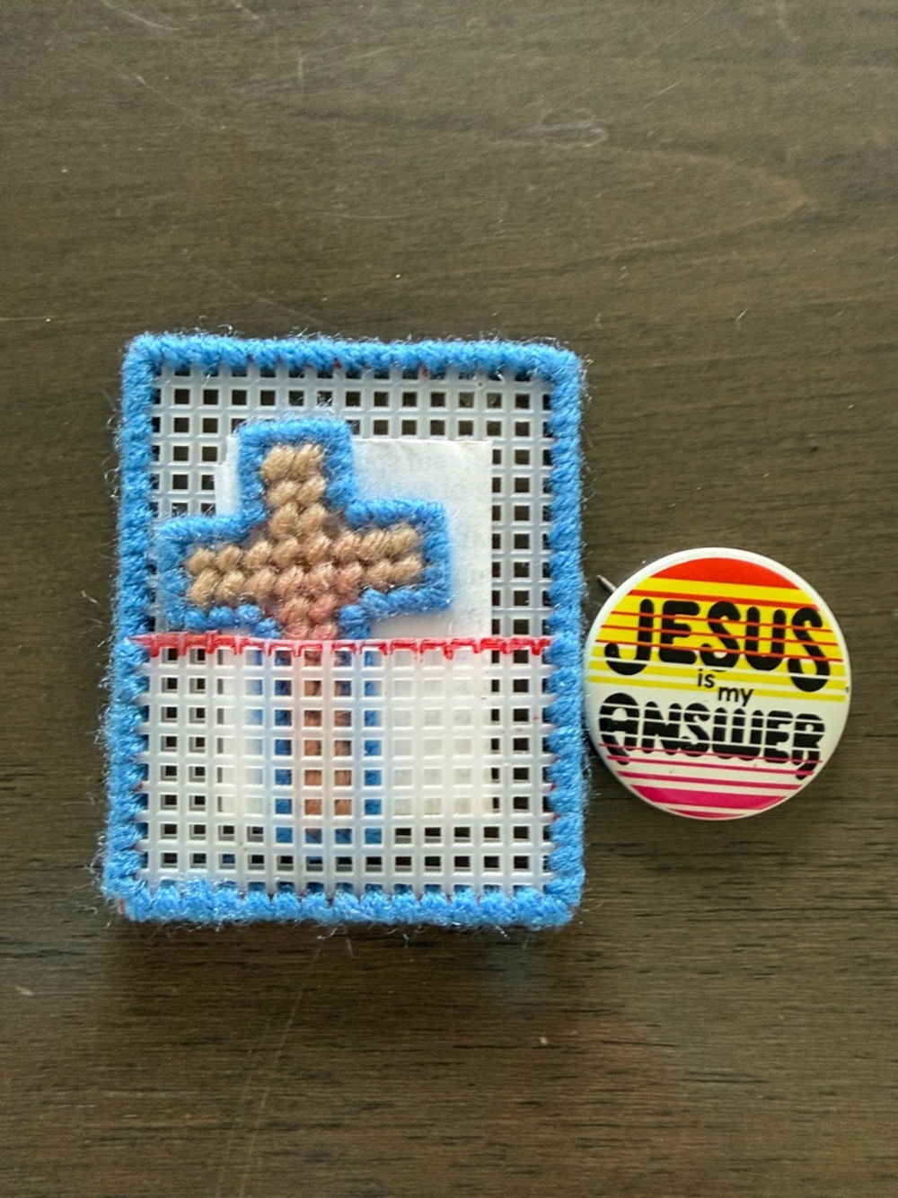 Handmade Cross Patch with Blue Trim Pocket Jesus is my answer lapel button pin